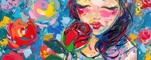 girl holding a rose with eye closed colourful abstract painting