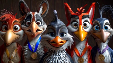 A group of five anthropomorphic birds wearing medals stand in front of a wooden background. - obrazy, fototapety, plakaty