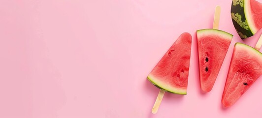 Watermelon popsicle on a blue background. Watermelon slices on sticks. View from above. place for text. generative ai