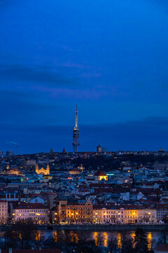 Prague Portrait containing with Zizkov Tower and Vitava River at Blue Hour