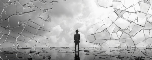 black and white silhouette of a boy against a field of shattered mirrors on a sunny day