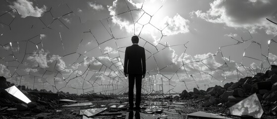 black and white silhouette of a boy against a field of shattered mirrors on a sunny day - obrazy, fototapety, plakaty