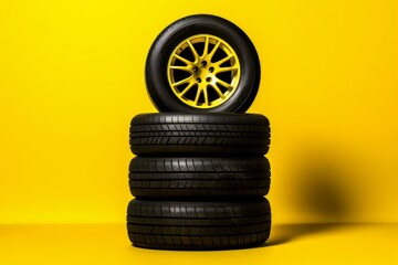 Cylindrical Stack wheel yellow background. Tyre vehicle new. Generate Ai