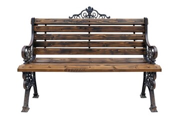 Brown wooden bench with a decorative ornate metal legs and armrests  isolated on a white background