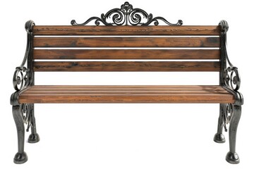 Brown wooden bench with a decorative ornate metal legs and armrests  isolated on a white background