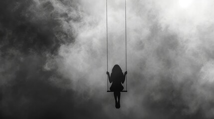 a girl swinging from the sky, no ground in sight black and white photo