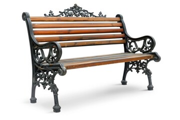Brown wooden bench with a decorative ornate metal legs and armrests  isolated on a white background