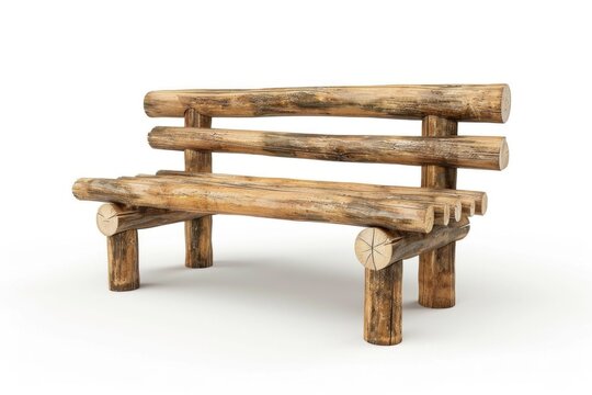 Bench on white background  wooden log home style bench