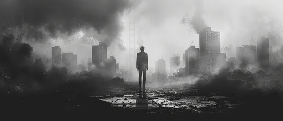 a black shadowy man walking through malevolent city, black and white photo - obrazy, fototapety, plakaty