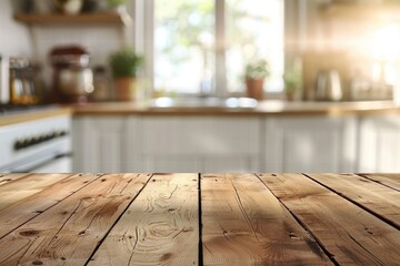 Empty wooden table with bokeh image of kitchen bench interior