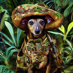 strange dog in hunting clothes in the jungle, portrait, Ai generated illustration