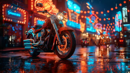 Red Motorcycle Parked on Wet City Street