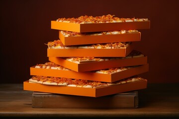 Cardboard Stack orange pizza boxes carton. Blank order. Generate Ai