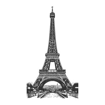 Eiffel Tower sketch engraving generative ai fictional character vector illustration. Scratch board imitation. Black and white image.