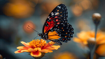 Black White and Red Butterfly Perched on Yellow,
Winged Monarch butterfly Summer nature wing