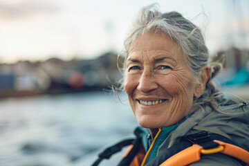 Smiling mature female rower looking over shoulder in rowing shell during practice in harbor - obrazy, fototapety, plakaty