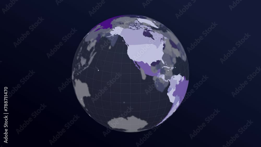 Poster the globe with world map. dark translucent earth planet in purple colors rotating. second turn chang