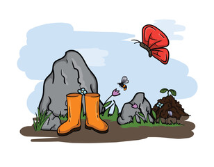 Bright vector hand drawn illustration of spring nature, stones, grass, flowers and rubber boots