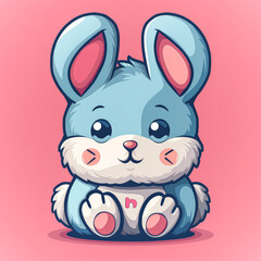 A cute cartoon rabbit with a pink nose and blue ears sits on a pink background. The rabbit has a smile on its face and he is happy