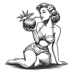 Fototapeta premium 1950s pin-up girl sipping a drink from a coconut, summer vibes and retro charm sketch engraving generative ai fictional character vector illustration. Scratch board imitation. Black and white image.