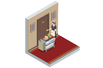 Isometric Housemaid opening the door to the room for cleaning. Woman chambermaid holding a towel standing with maid cart full of cleaning stuff in the hotel corridor