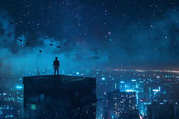 The man standing on the top of building on the starry cityscape background