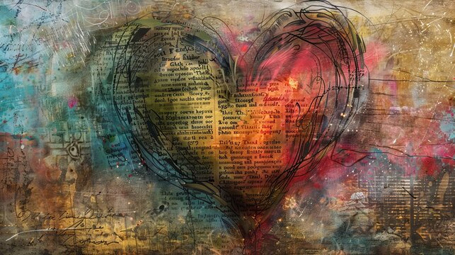 Abstract love heart intertwined with poetic verses, symbolizing a deep love for reading poetry