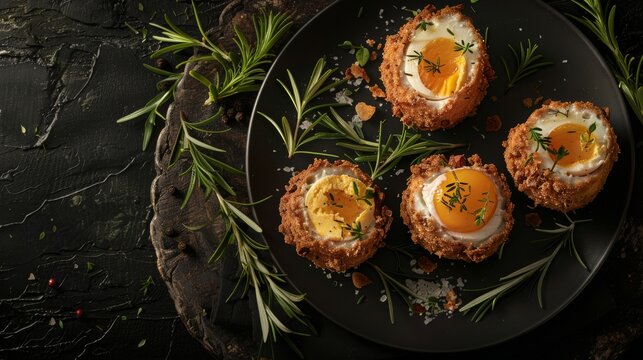 Traditional scotch eggs with herbs on black background. Foodie banner with space for text.