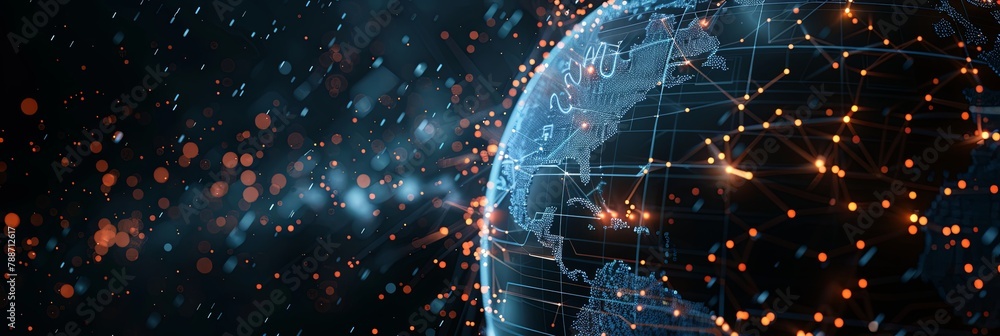 Poster global connectivity: futuristic data streams and digital globe
