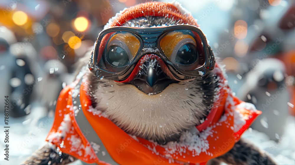 Poster a penguin wearing goggles and a red jacket. the penguin is looking at the camera. the scene is set i
