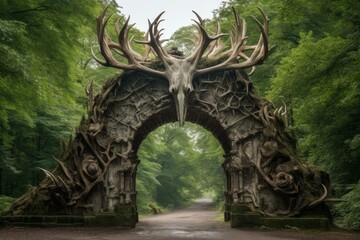 Intricate Deer stag gateway covered. Amazing head. Generate Ai - obrazy, fototapety, plakaty