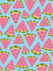 Seamless pattern of watermelon slices on a blue background, vibrant and perfect for summer themes, textiles, and fresh food concepts.