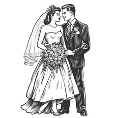 Fototapeta premium Bride and Groom 1950s sharing loving gaze, perfect for wedding themes and historical fashion sketch engraving generative ai fictional character vector illustration. Black and white image.