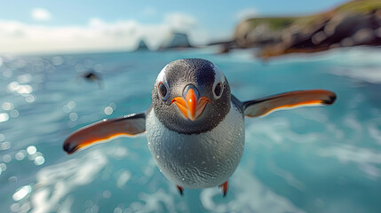 A baby penguin is swimming in the ocean. The penguin is looking at the camera and he is curious - Powered by Adobe
