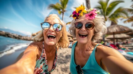 Elderly women pensioners having fun and relaxing on a trip to the sea on the beach. Lifestyle of active retirees. taking selfie photos on the phone, video communication with family - obrazy, fototapety, plakaty