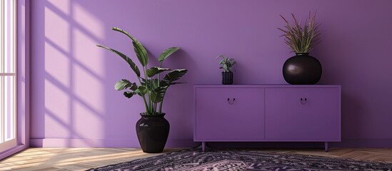 Minimal living room interior with a violet cabinet against the wall featuring a black vase,...