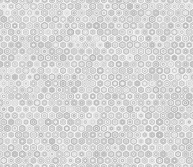 Hexagon grid pattern. Rounded stacked hexagons mosaic cells. Grey color tones. Hexagon shapes. Tileable pattern. Seamless vector illustration.