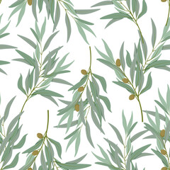 Seamless pattern of olive branches with olives on a white background
