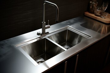 Gleaming Stainless shiny kitchen sink. Gleaming metallic dish cleaning basin equipment. Generate ai