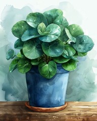 Vibrant Watercolor Rendering of a Chinese Money Plant Generative AI