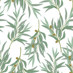 Seamless pattern of olive branches with olives on a white background