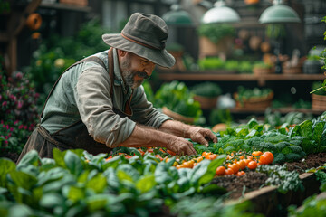 A gardener cultivating a vibrant vegetable patch, fostering growth and abundance in a small corner of the earth. Concept of self-sufficiency and organic gardening. Generative Ai.