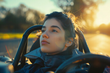 Young woman driving sport car for karting, going outdoor in sport club - obrazy, fototapety, plakaty