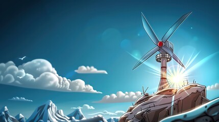A towering wind turbine spins gracefully atop a mountain peak, converting wind into electricity with minimal environmental impact, closeup at its majestic blades and the panoramic mountain vista - obrazy, fototapety, plakaty