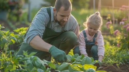 parent and child working in home garden planting vegetables, vegetable garden at home, family with herbs and veggies in a home garden - obrazy, fototapety, plakaty