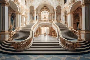 Spacious Stairs hall palace. Modern art design. Generate Ai