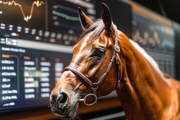 A close up of a thoroughbred racehorse with a financial data display in the background. - obrazy, fototapety, plakaty