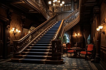 Ornate Marble stairs blue carpet historic hotel. Palace event vip party decoration. Generate Ai