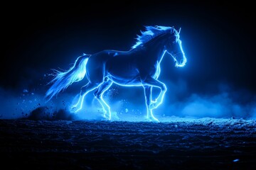 A blue neon horse is running in the dark night.