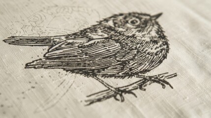 Handprinted Linocut Designs of a Baby Robin Bird on Natural Linen Generative AI